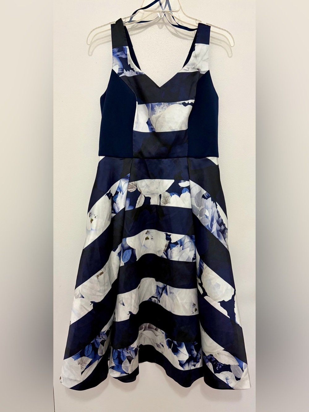 Women’s autumn, wedding guest dress formal Navy and White Floral Stripe